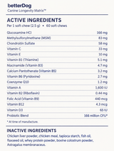 Longevity Matrix supplement label showing active ingredient amounts per soft chew and inactive ingredients