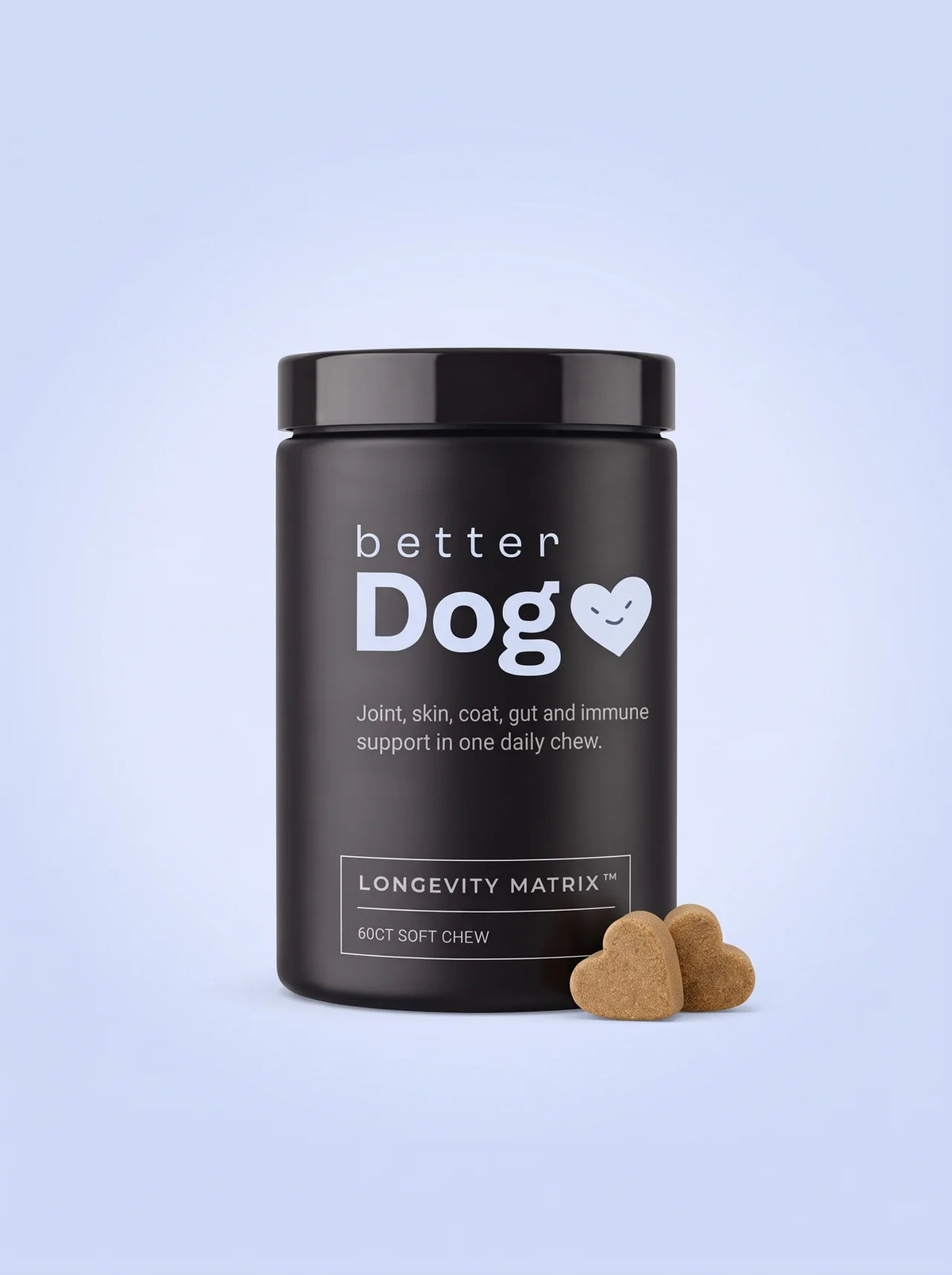 betterDog Longevity Matrix jar with heart-shaped daily dog supplement soft chews