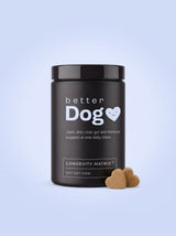 betterDog Longevity Matrix jar with heart-shaped daily dog supplement soft chews